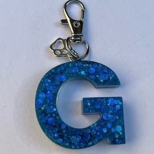 Handmade G Initial Key Chain: Blue Glitter + Silver Dog Paw or Cat Print Charm